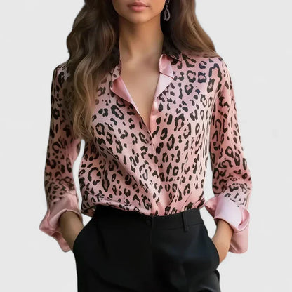 Lyzziane | Leopard Print Lapel Collar Long Sleeve Elegant Blouse