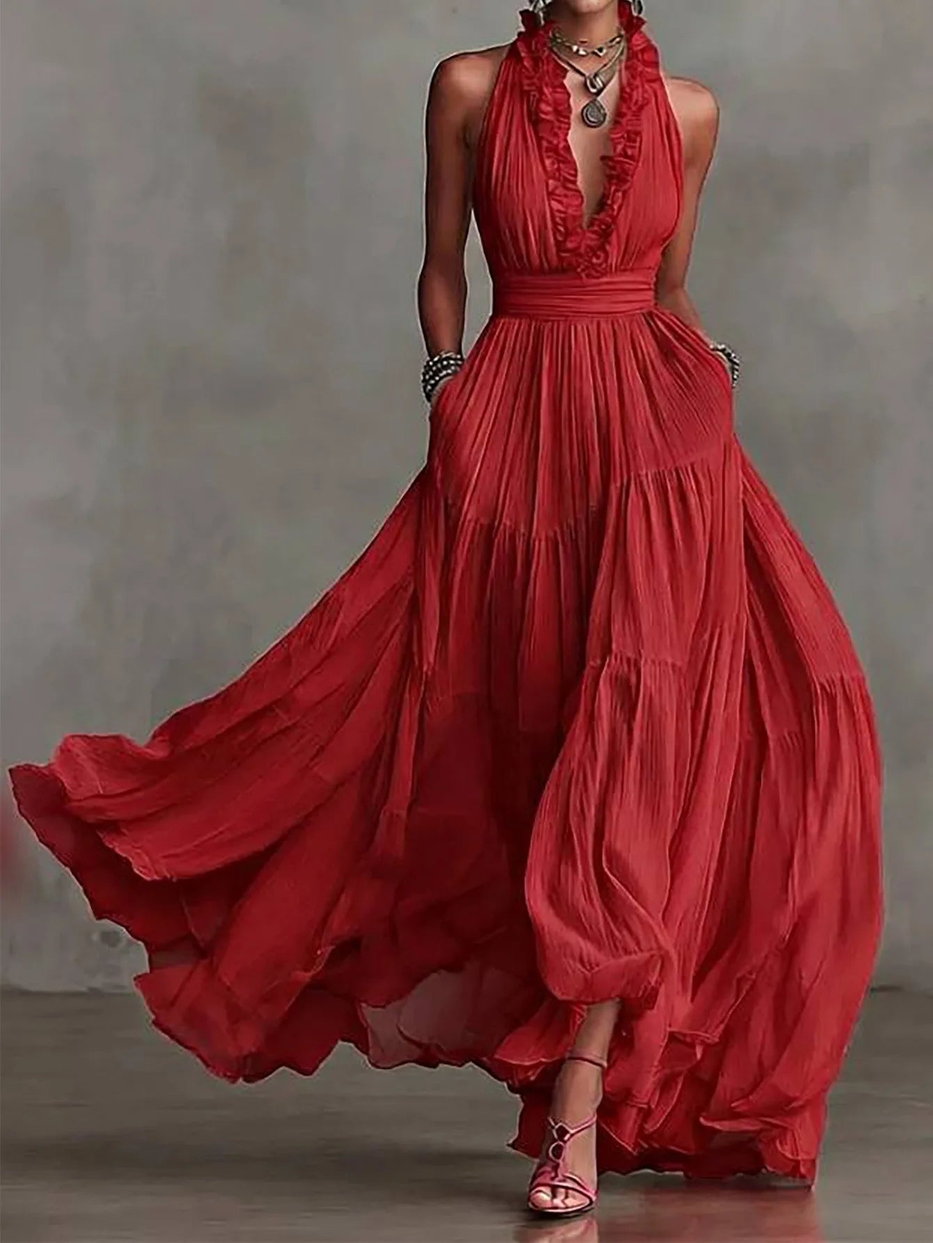 Seraphina | Women's Halter Neck Ruffle Trim Chiffon Maxi Dress