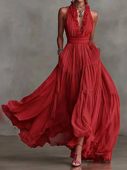 Seraphina | Women's Halter Neck Ruffle Trim Chiffon Maxi Dress