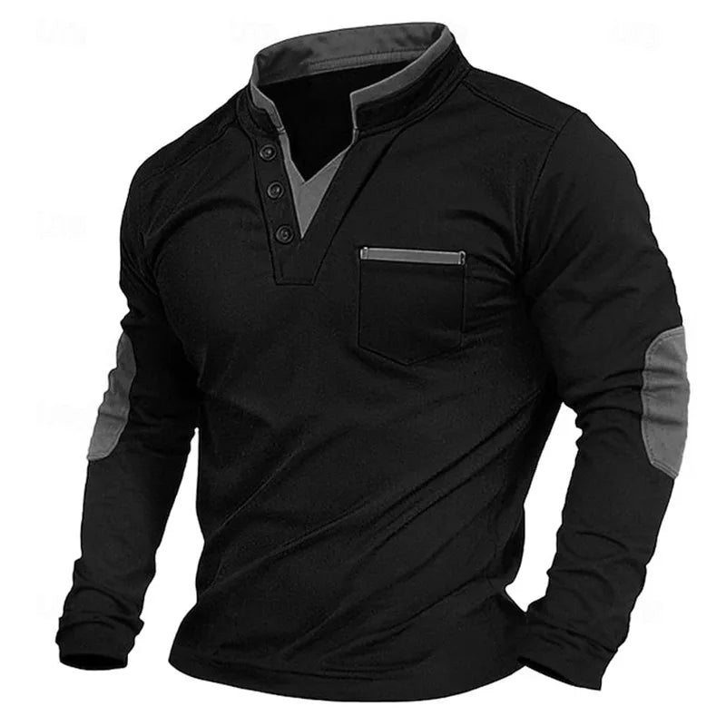  Garrick | Men's Henley Contrast Stand Collar Elbow Patch Long Sleeve Sweatshirt