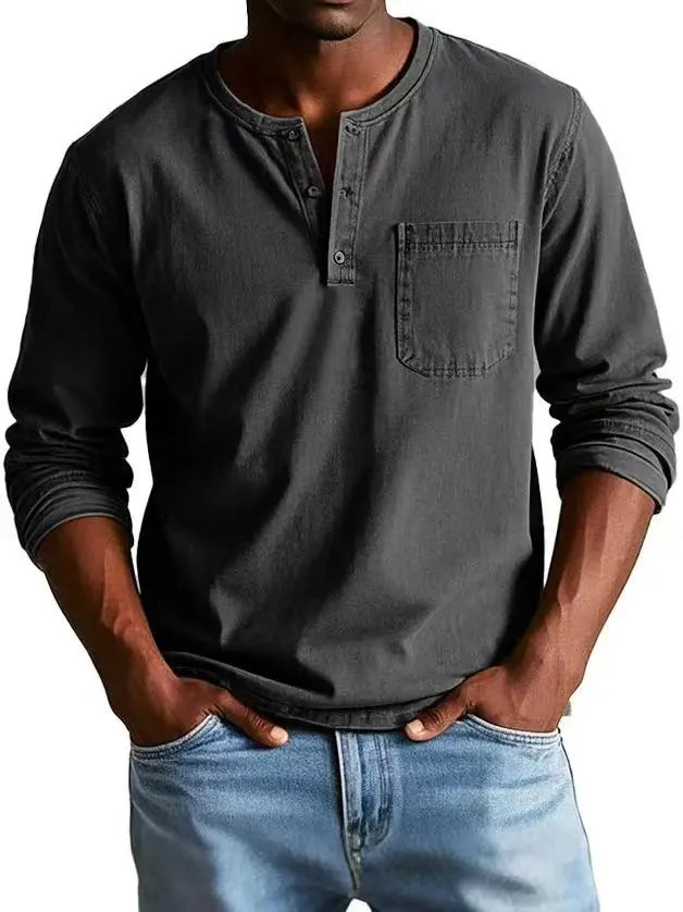 Rowan | Men's Washed Henley Long Sleeve Chest Pocket Shirt