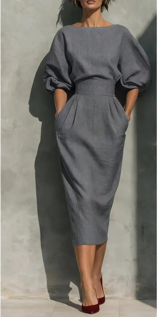 Bailey | Women's Elegant Pleated Lantern Sleeve Midi Dress