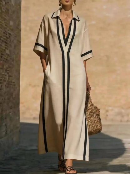 Victoria | Women's Maxi Dress Shirt Collar V Neck Contrast Trim