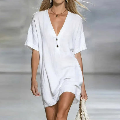 Liora | Deep V Neck Short Sleeve Linen Blend Tunic Top