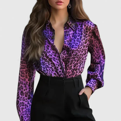 Lyzziane | Leopard Print Lapel Collar Long Sleeve Elegant Blouse