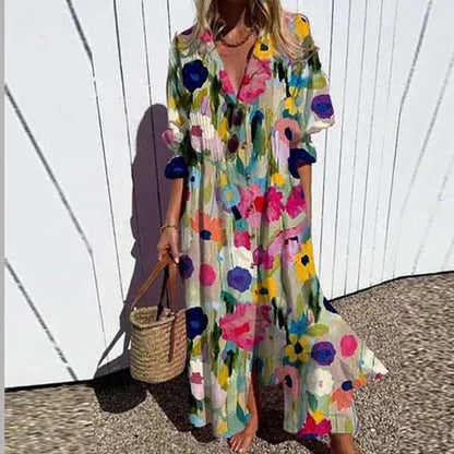 Catherine | Floral Button Front Long Sleeve Boho Maxi Summer Dress