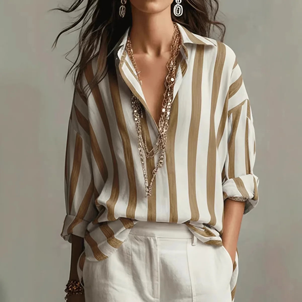 Amaris | Striped Lapel Collar Long Sleeve Oversized Linen Blend Blouse
