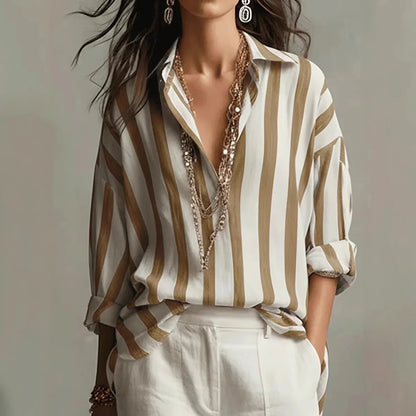 Amaris | Striped Lapel Collar Long Sleeve Oversized Linen Blend Blouse