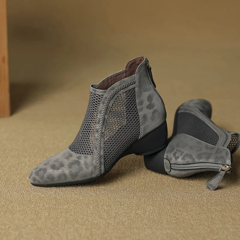 Marlowna | Women's Leopard Print Mesh Panel Block Heel Ankle Boot