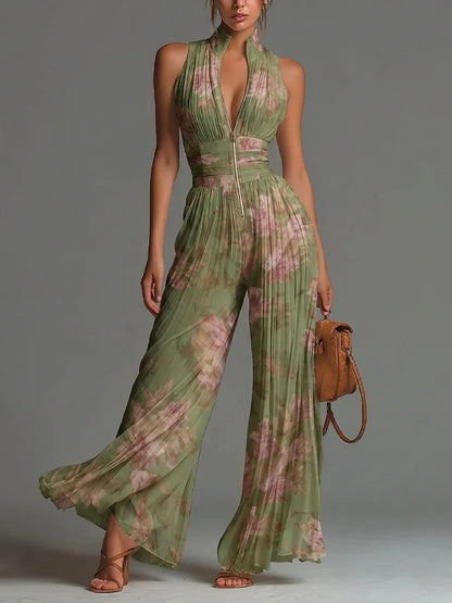 Cassidy | Women's Floral Pleated Wide Leg Jumpsuit Halter Deep V
