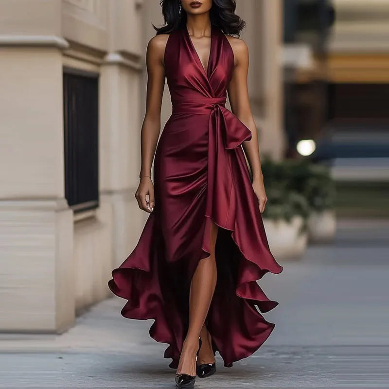 Keltie | Women's Halter Satin Wedding Guest Maxi Dress