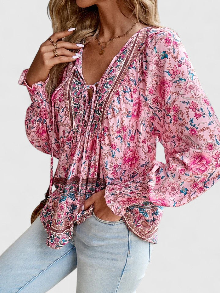 Wren | Boho Floral Print Tie Neck Puff Sleeve Smocked Blouse
