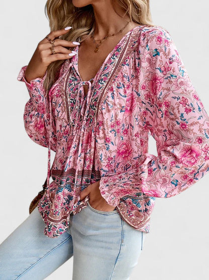 Wren | Boho Floral Print Tie Neck Puff Sleeve Smocked Blouse