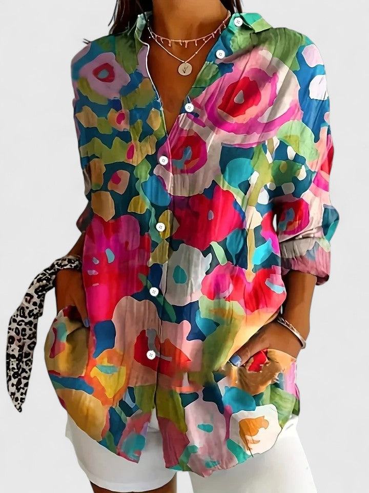 Anica | Floral Print Collared Button Down Long Sleeve Casual Blouse