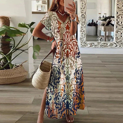 Beatrice | Boho V Neck Short Sleeve Side Slit Maxi Summer Dress