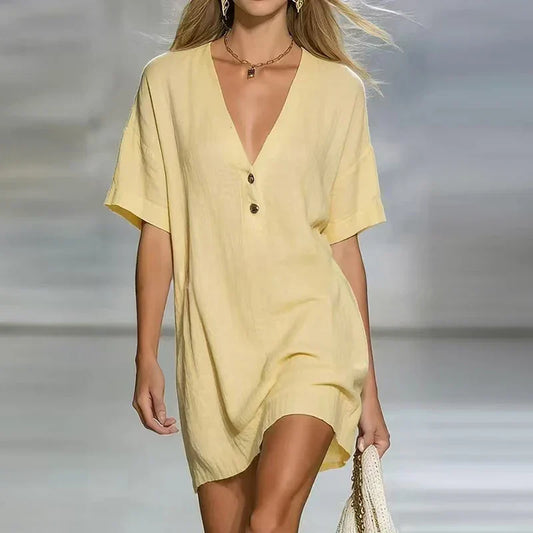 Liora | Deep V Neck Short Sleeve Linen Blend Tunic Top