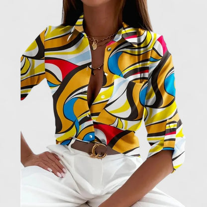 Lisette | Geometric Print Lapel Collar Long Sleeve Elegant Blouse