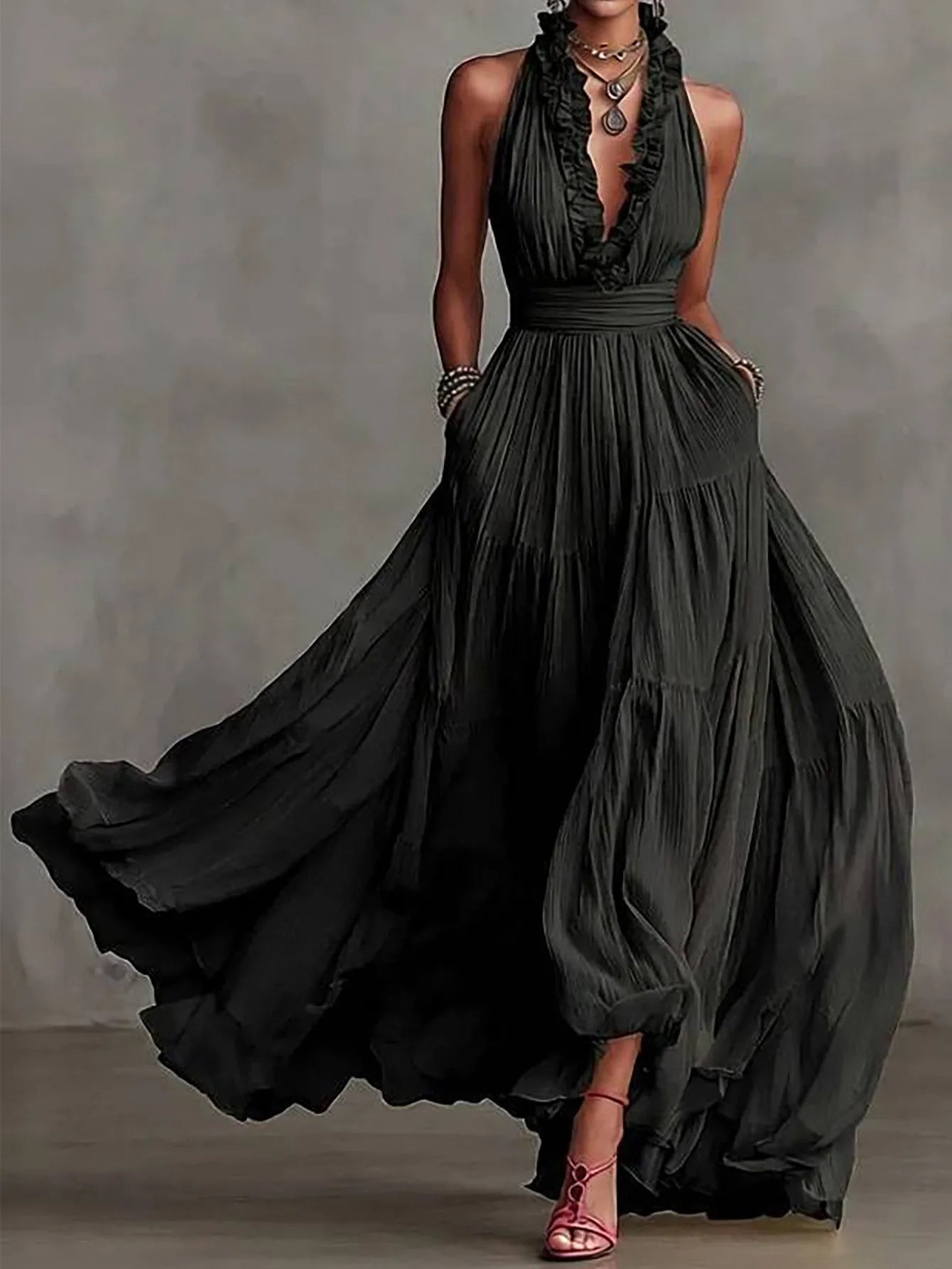 Seraphina | Women's Halter Neck Ruffle Trim Chiffon Maxi Dress