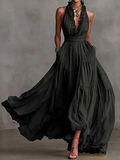 Seraphina | Women's Halter Neck Ruffle Trim Chiffon Maxi Dress