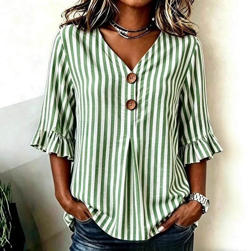 Hazel | Women's Striped Blouses V Neck Ruffle Sleeve Button Front