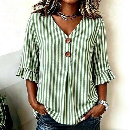 Hazel | Women's Striped Blouses V Neck Ruffle Sleeve Button Front