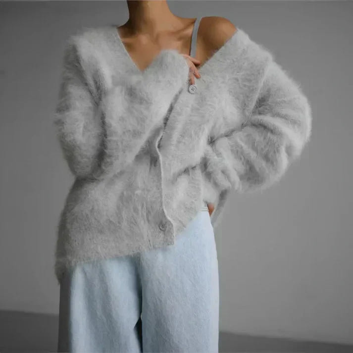 Willow | Women's Fuzzy Knit V-Neck Button-Front Cardigan