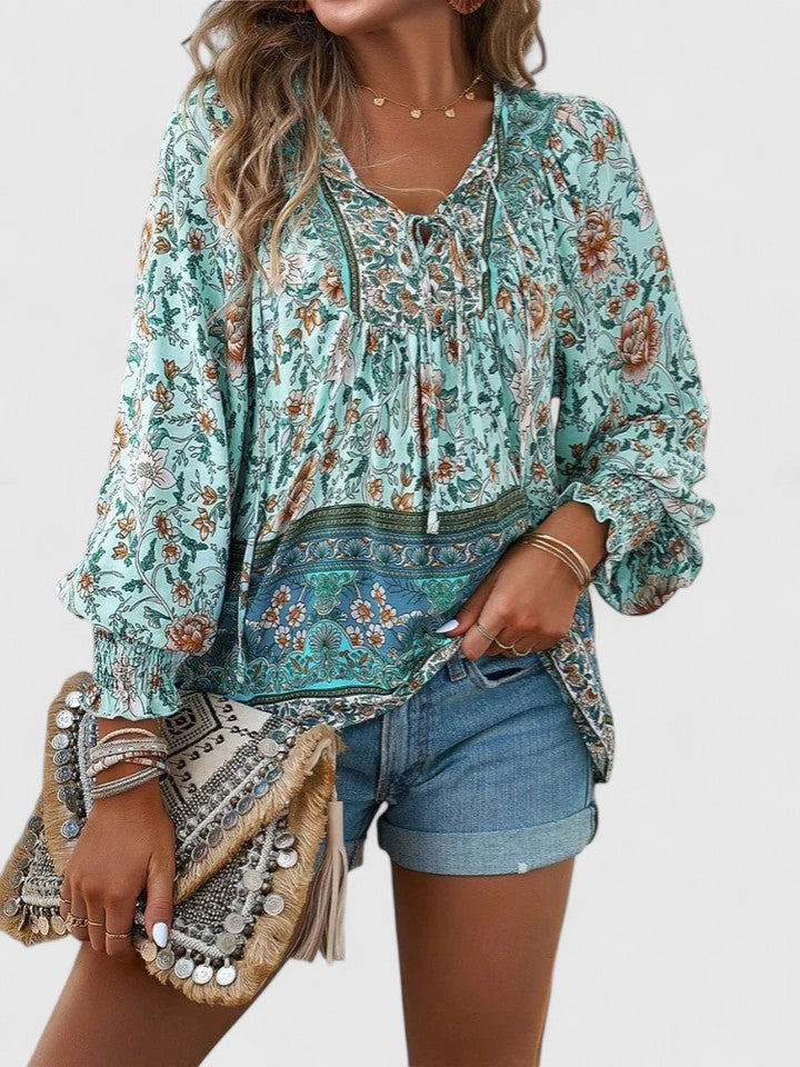 Wren | Boho Floral Print Tie Neck Puff Sleeve Smocked Blouse