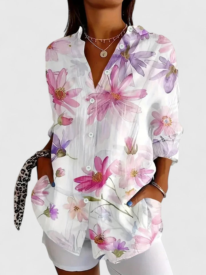 Anica | Floral Print Collared Button Down Long Sleeve Casual Blouse