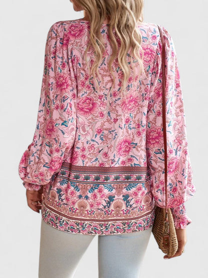 Wren | Boho Floral Print Tie Neck Puff Sleeve Smocked Blouse
