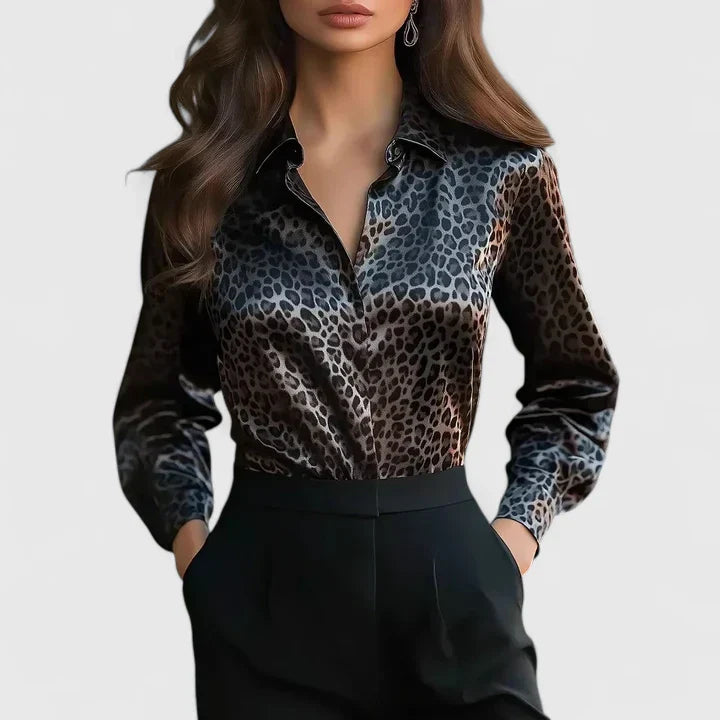 Lyzziane | Leopard Print Lapel Collar Long Sleeve Elegant Blouse