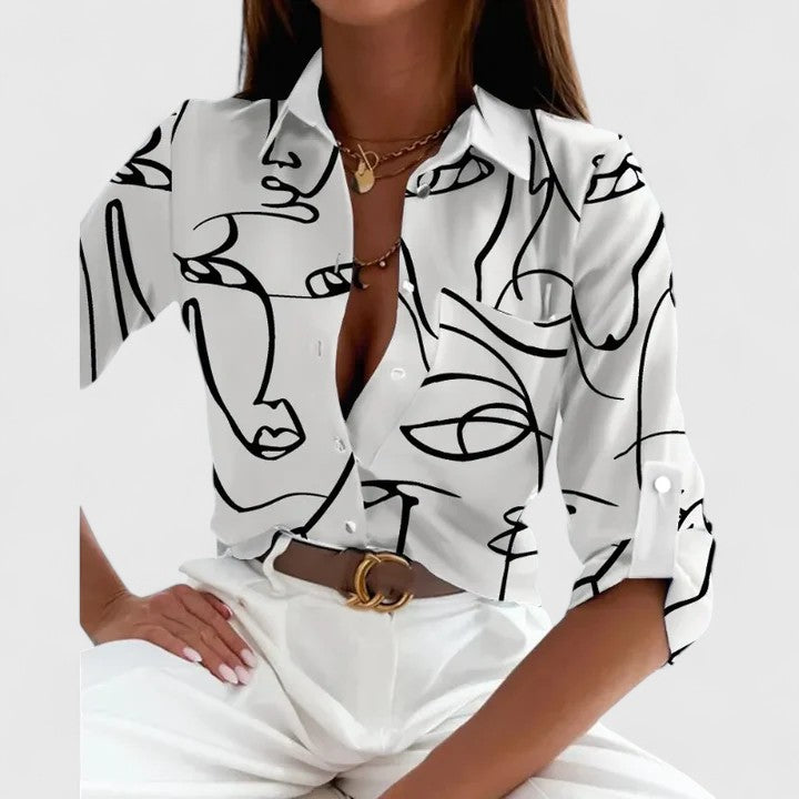 Lisette | Geometric Print Lapel Collar Long Sleeve Elegant Blouse
