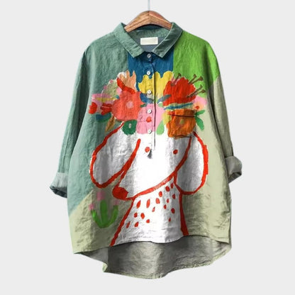 Milla | Dog Print Collared Button Down Long Sleeve Casual Blouse