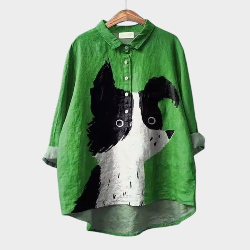 Milla | Dog Print Collared Button Down Long Sleeve Casual Blouse