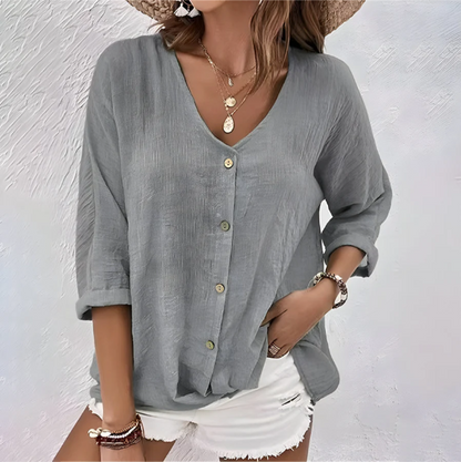 Marcia | V Neck Button Down 3/4 Sleeve Relaxed Casual Blouse