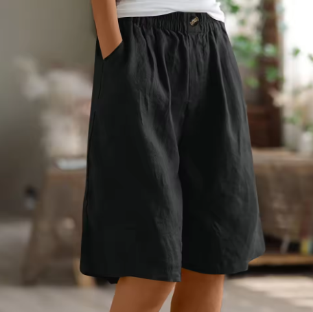 Lorraine | Elastic Waist Wide Leg Linen Blend Casual Shorts