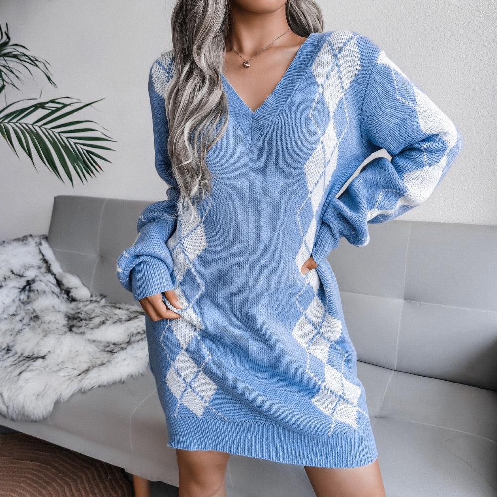 Brynn | Women's Argyle Knit V-Neck Long Sleeve Oversized Pullover Sweater Dress