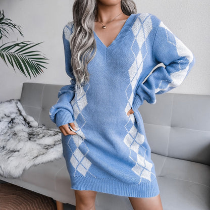 Brynn | Women's Argyle Knit V-Neck Long Sleeve Oversized Pullover Sweater Dress