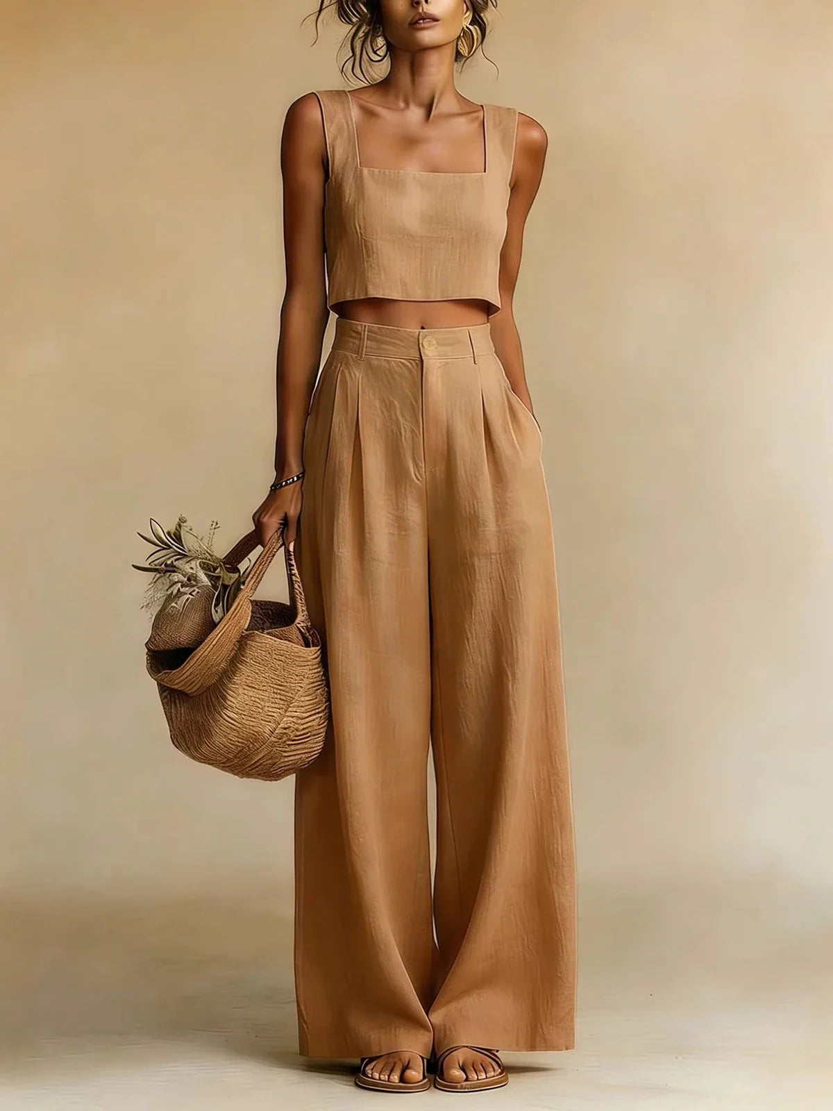 Peach | Women's Square Neck Crop Top High Waist Wide Leg Pant Set