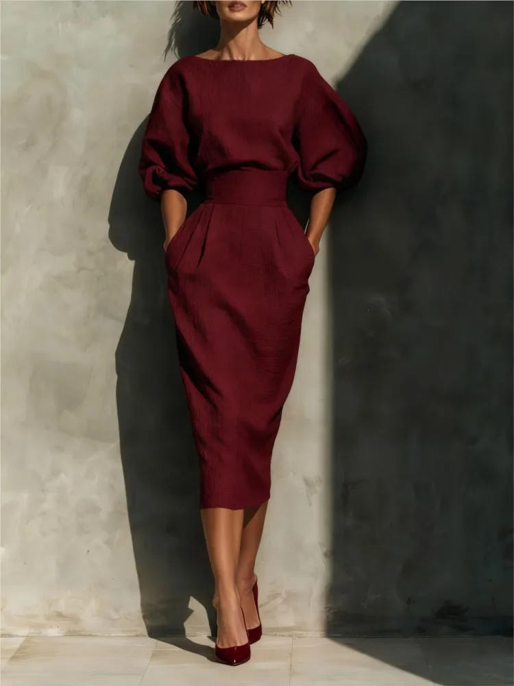 Bailey | Women's Elegant Pleated Lantern Sleeve Midi Dress