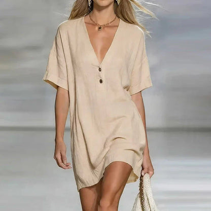 Liora | Deep V Neck Short Sleeve Linen Blend Tunic Top