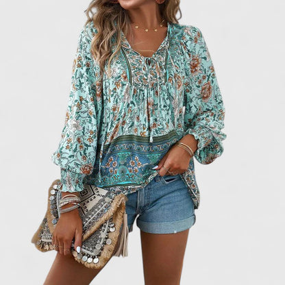 Wren | Boho Floral Print Tie Neck Puff Sleeve Smocked Blouse