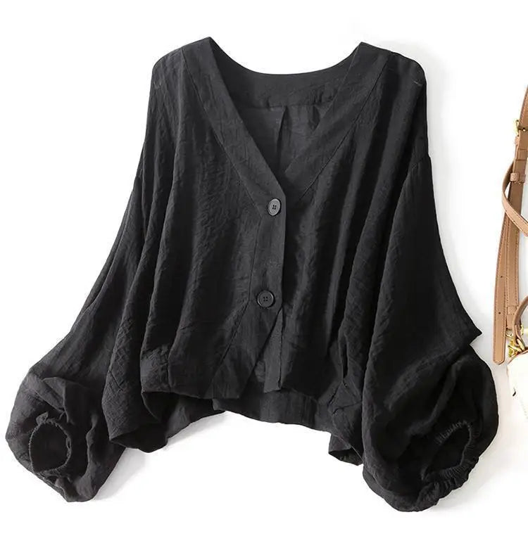 Eliana | V Neck Single Button Puff Sleeve Cropped Linen Blend Blouse