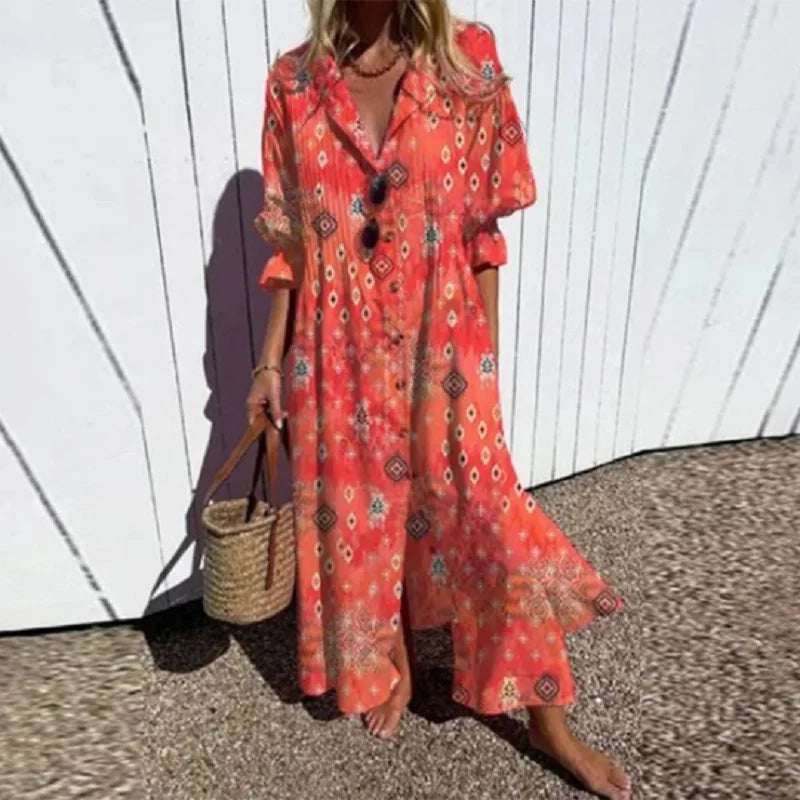 Catherine | Floral Button Front Long Sleeve Boho Maxi Summer Dress