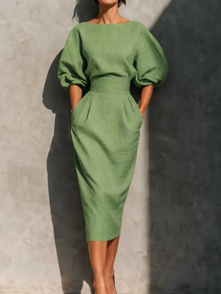 Bailey | Women's Elegant Pleated Lantern Sleeve Midi Dress