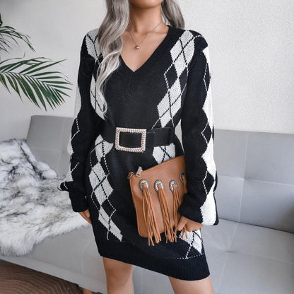 Brynn | Women's Argyle Knit V-Neck Long Sleeve Oversized Pullover Sweater Dress
