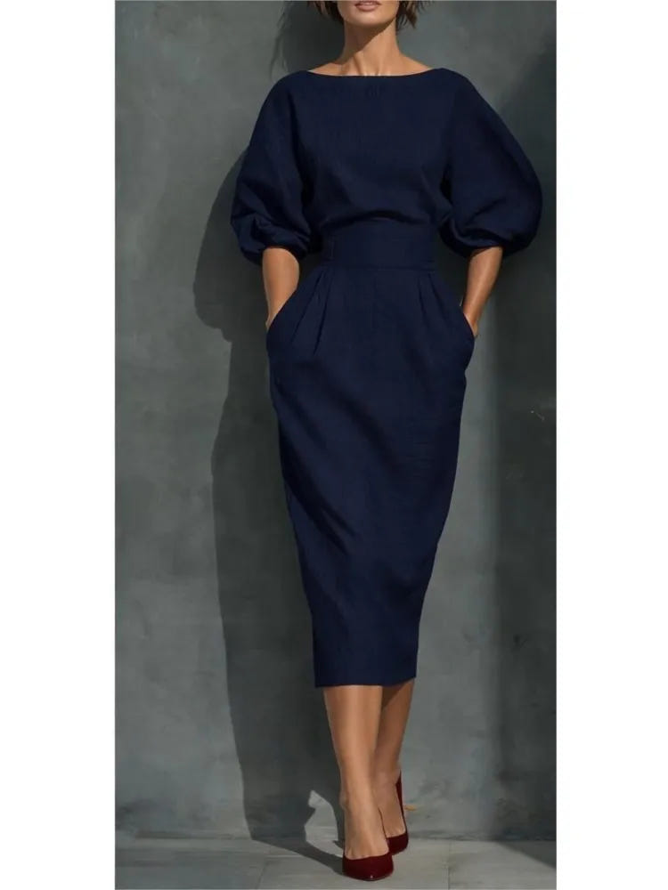 Bailey | Women's Elegant Pleated Lantern Sleeve Midi Dress
