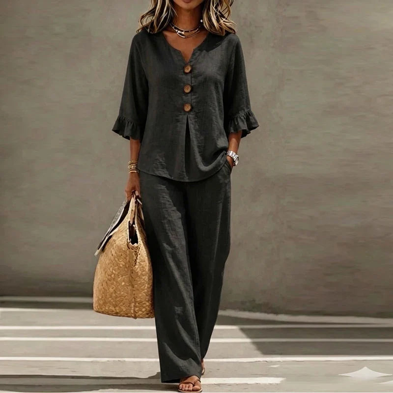 Isabelle | Women's Linen Blend Two Piece Set Ruffle Sleeve Wide Leg