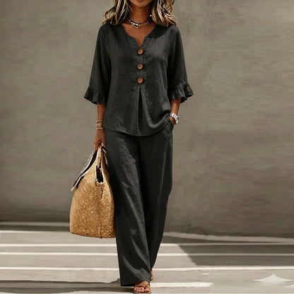 Isabelle | Women's Linen Blend Two Piece Set Ruffle Sleeve Wide Leg