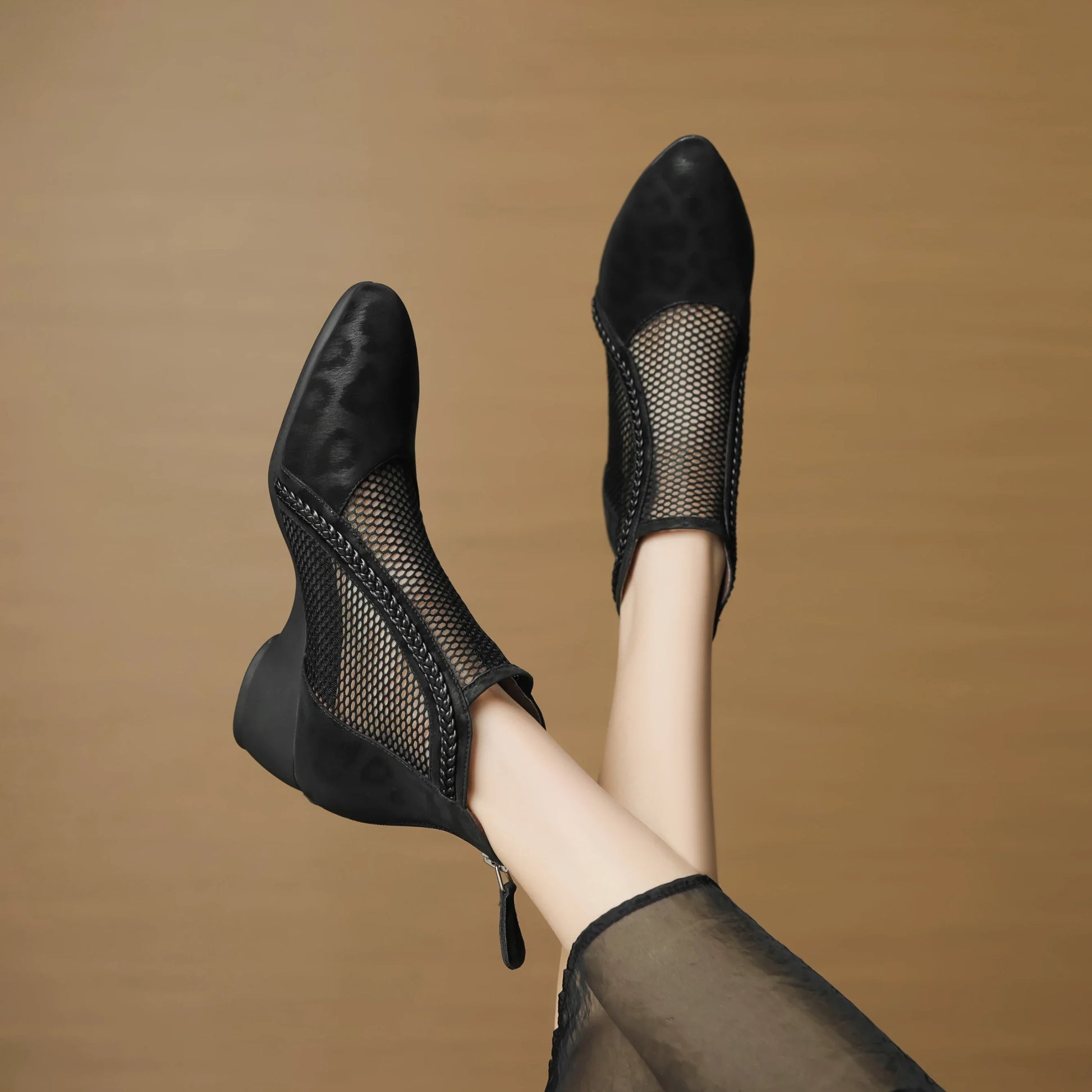 Marlowna | Women's Leopard Print Mesh Panel Block Heel Ankle Boot