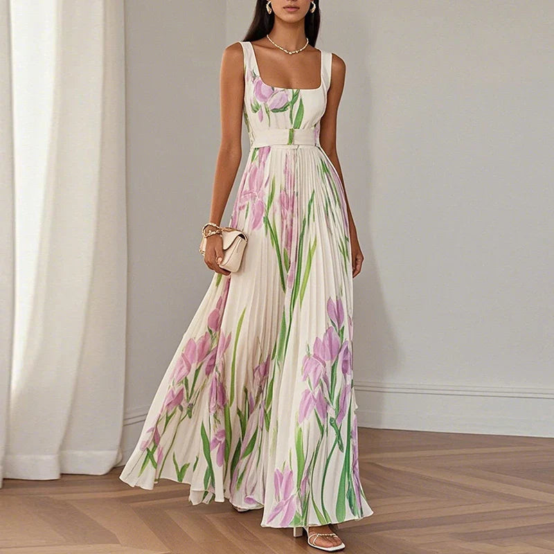 Iris | Floral Square Neck Pleated A Line Maxi Wedding Guest Dress